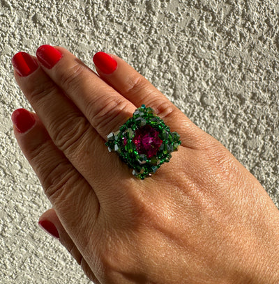 Square ring - Emerald & Fucsia